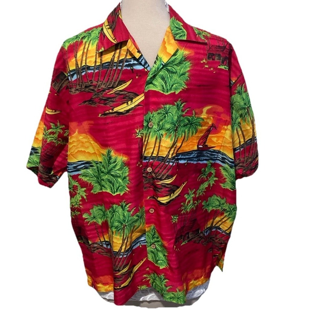 In Gear Hawaiian Shirt Mens XL Red Tropical Beach Aloha Palm Tree Button Front